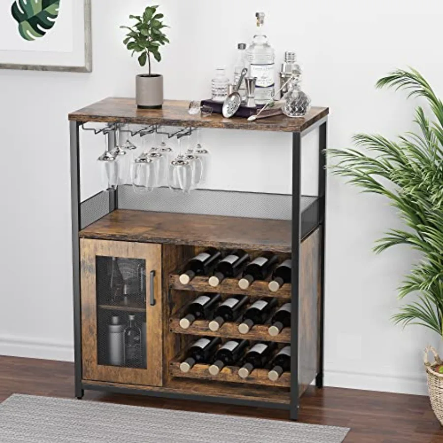 Wine Bar Cabinet with Detachable Wine Rack and Storage Space
