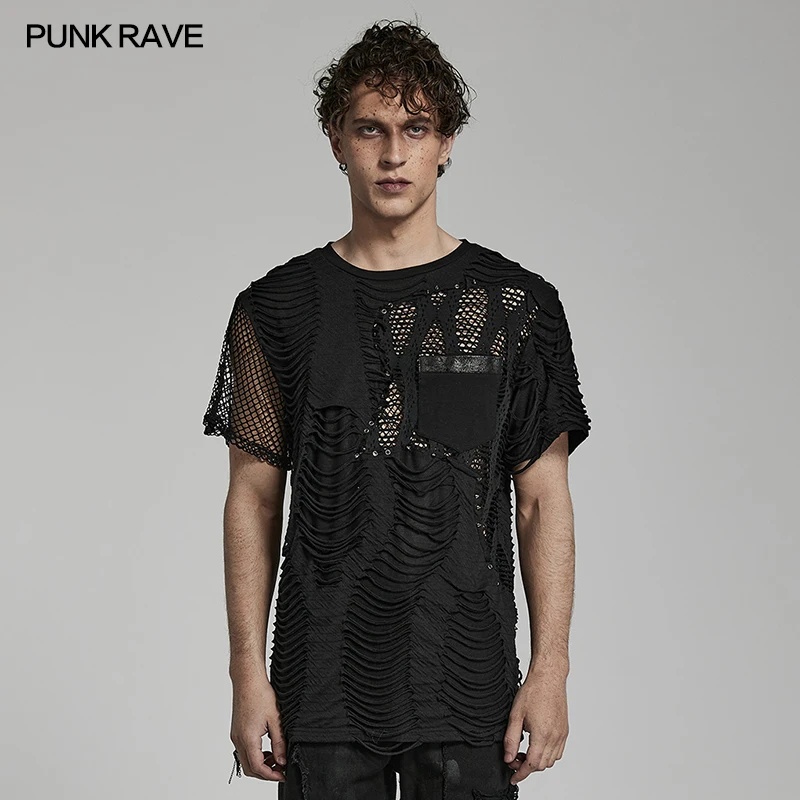 

PUNK RAVE Men's Punk Ripped Irregular Mest Short Sleeve T-shirt Daily Eyelets Studs Casual Tops Spring Summer Black Tees