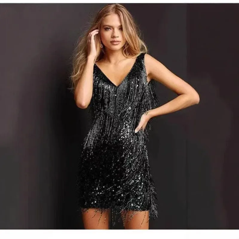 

Low Cut V Neck Sexy Sleeveless Pencil Midi Dress With Fringe Detail Elegant Bodycon Tight Fit Party Club Wear Evening Cocktail