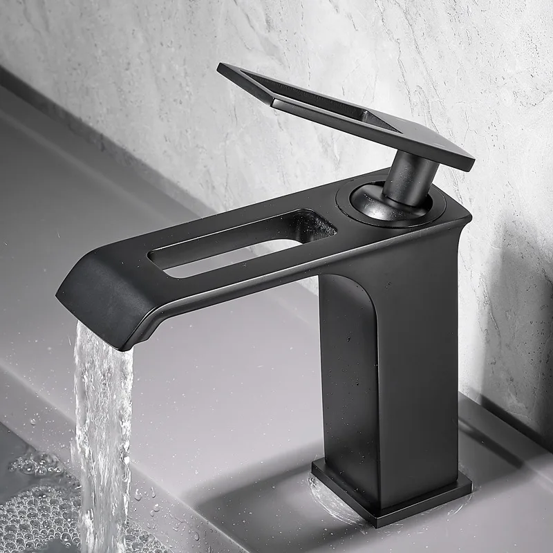 

Black Modern Bathroom Wash Basin Faucet Brass Single Hole Waterfall Hot and Cold Water Vanity Sink Vessel Mixer Water Tap Crane