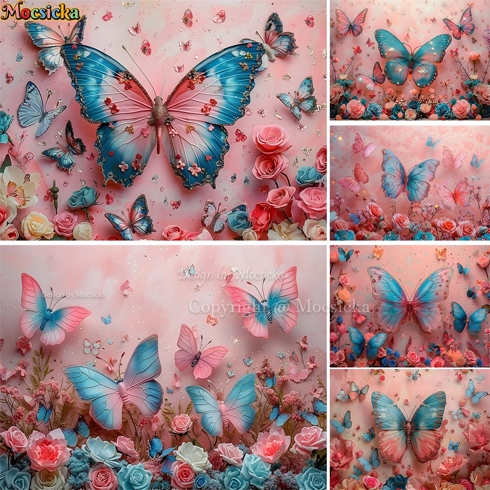 

Pink Dreamy Butterfly Wall Background for Maternity Baby Photography Floral Wedding Backdrop Kids 1st Birthday Photobooth Studio