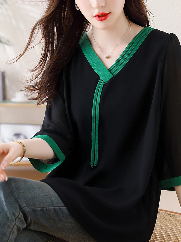 Nieuwe 2025 plus Size Losse Chiffon T-shirt irt vrouwen Vlees Verbergen Afslanken Faion V-Ne Kleur Blo ort Sve Top