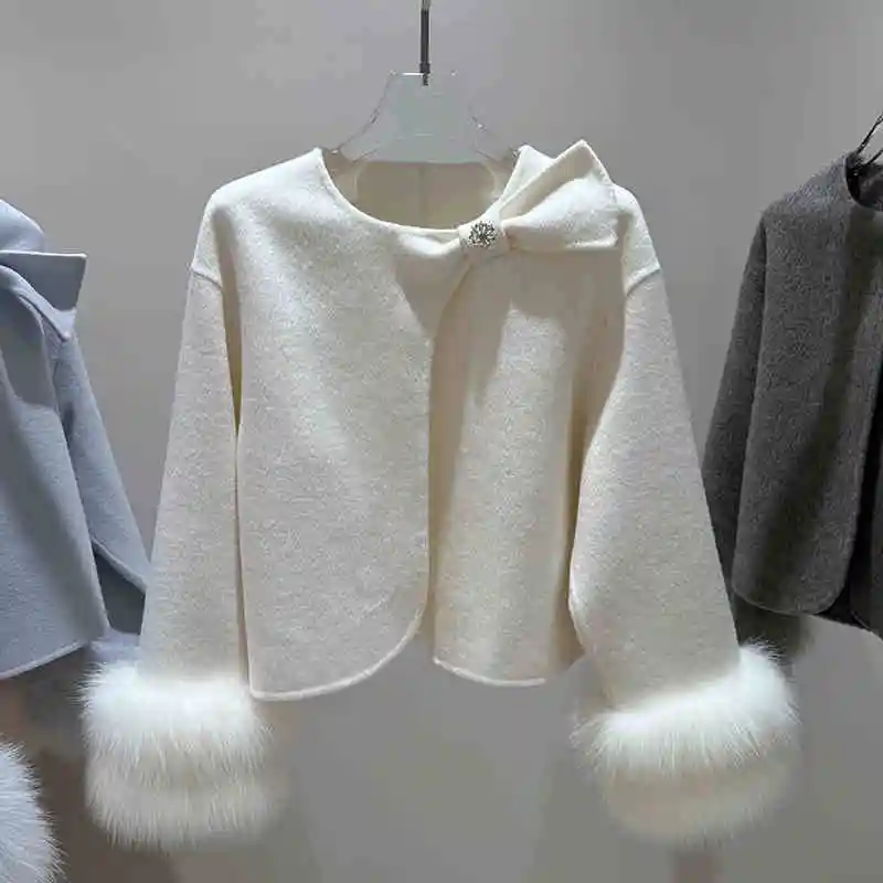 23 Winter New Bow Short Cuff Fox Fur Fur Double-Faced Woolen Goods Cashmere Wool Overcoat Coat for Women