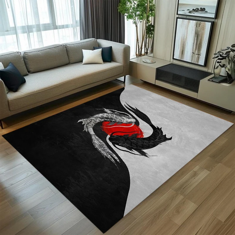 Koi Fish Yin Yang Pattern Area Rug Oriental Carpet Non-slip Floor Mat Home Living Room Bedroom Traditional Style Home Decoration