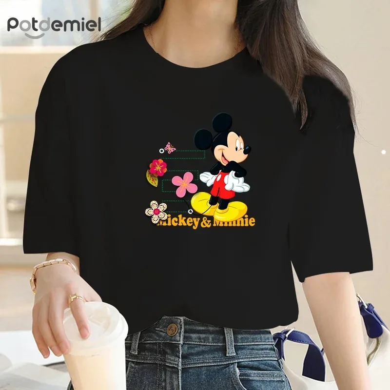 Happy Mickey Minnie Mouse Cartoon Printed T-shirt Street Wear Short Sleeve Birthday Gift Summer Style Crew Collar T-shirt Top