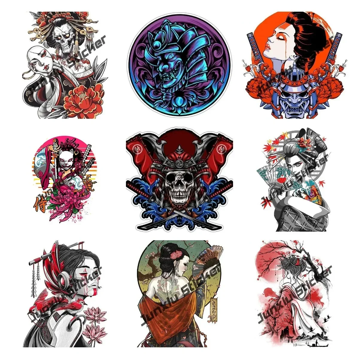 Japan Samurai Sticker Japanese Female Samurai Bushido Spirit Geisha Demon Mask Art Decal Scratch-Proof Decoration JDM Refit