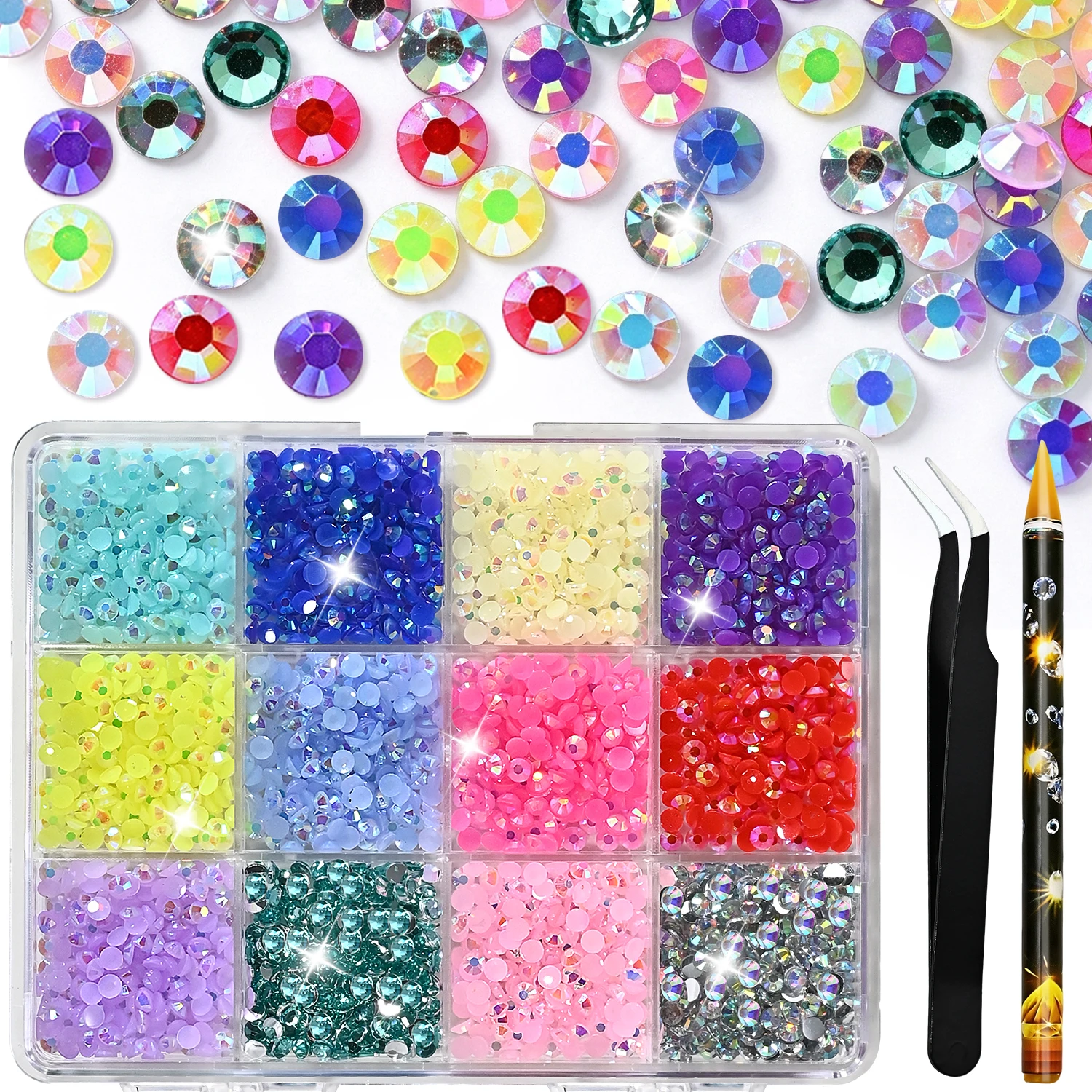 12Colors AB Flatback Nail Art Rhinestones 3D Flat Back Round Resin Gemstone Nails Decorations DIY Hand Crafts Manicure Accessory