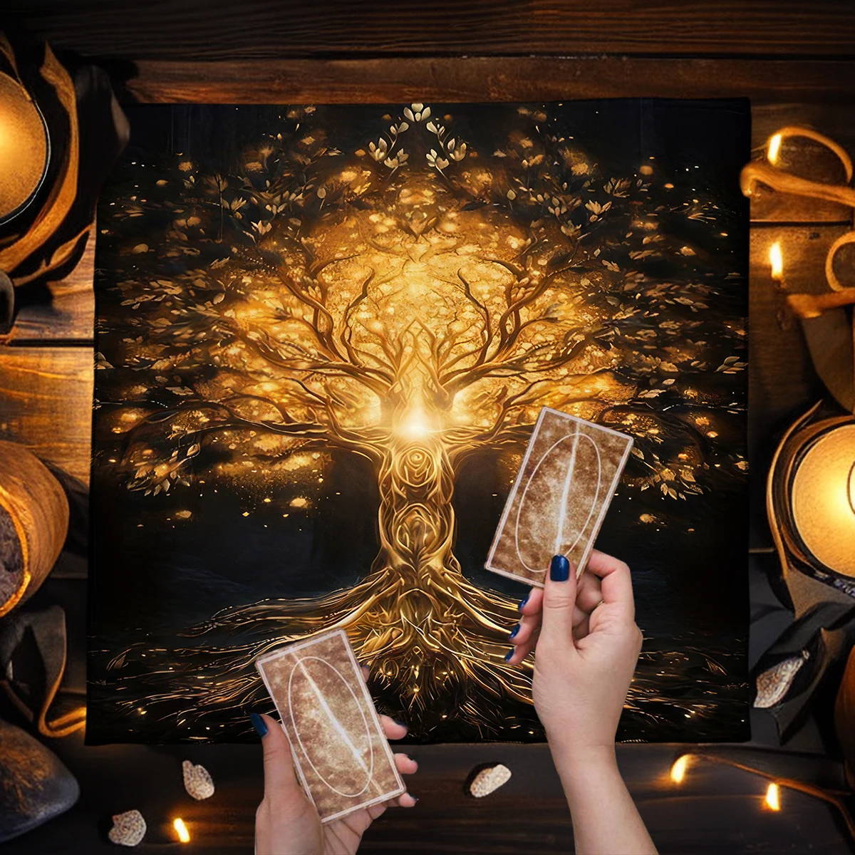 Golden Life Tree Tarot Tablecloth Wicca Altar Cloth Pagan Table Cloth Witchcraft Astrology Oracle Card Pad Tarot Mat Decor