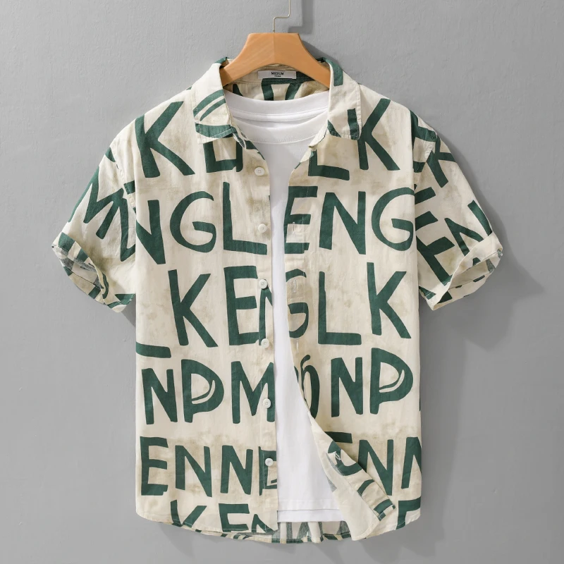 

Мужская рубашка из чистого хлопка с коротким рукавом, свободного кроя, с принтом, модная, летняя, новая, дышащая, молодежная, с отложным воротником, на пуговицах