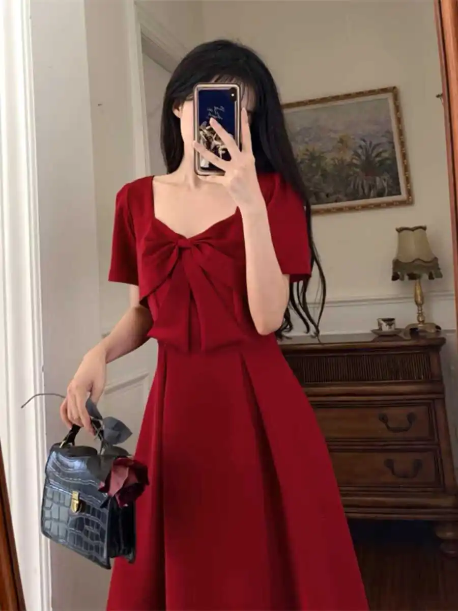 

Красное свадебное платье для женщин, для помолвки, с завышенной талией, А-силуэт, короткий рукав, корейский стиль, для церемонии