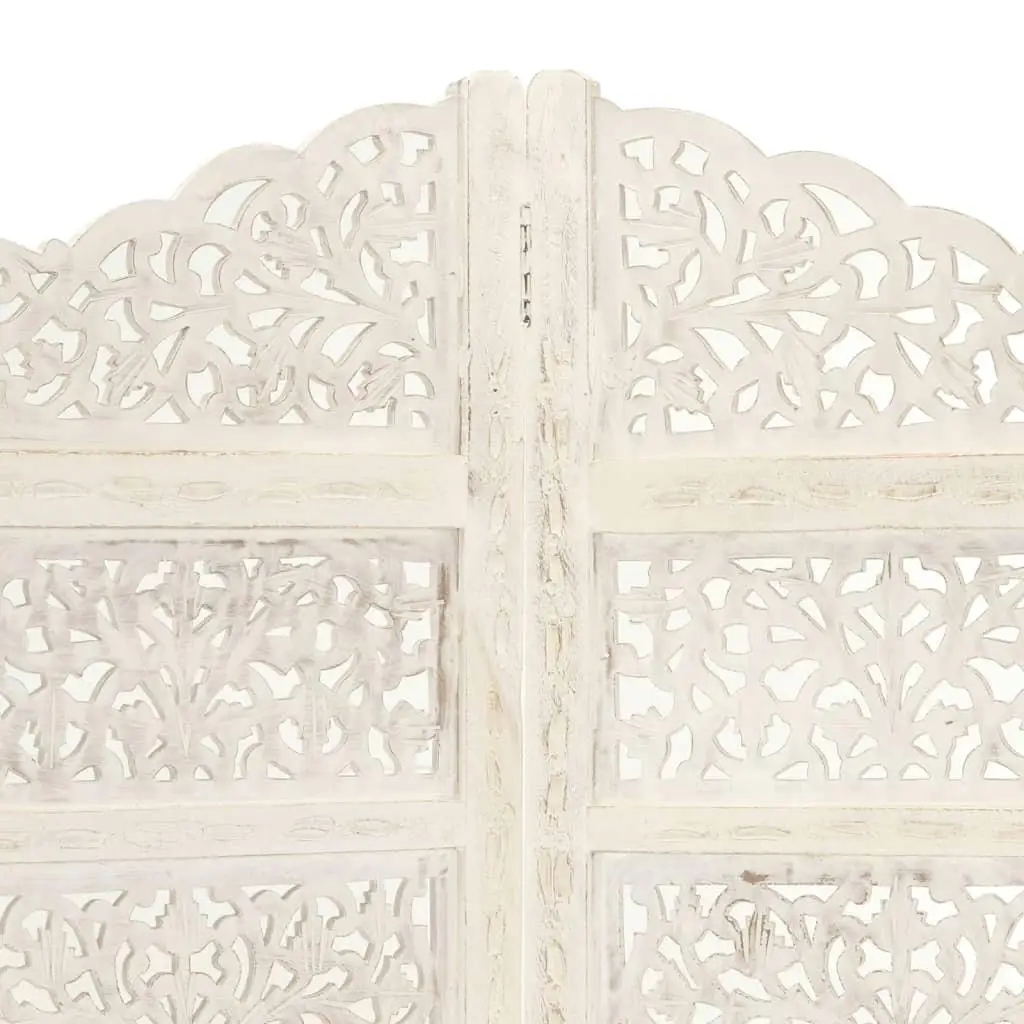 Hand Carved Four Panel Room Divider White Solid Wood 63x65cm