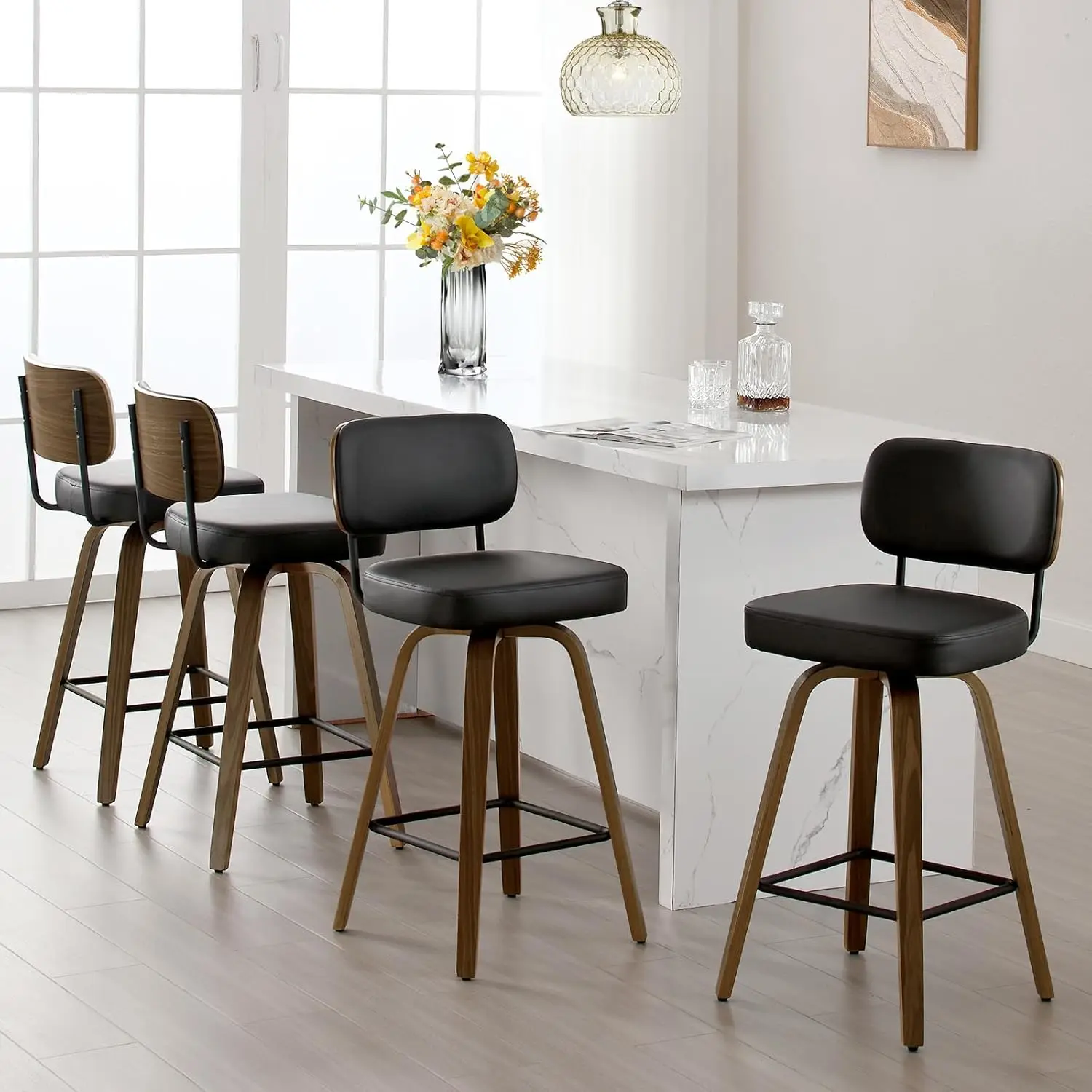 ty-Set of 4 Swivel Counter Height Bar Stools 26'' Upholstered Faux Leather with Back Bent Wood Legs Mid-Century), Customized-