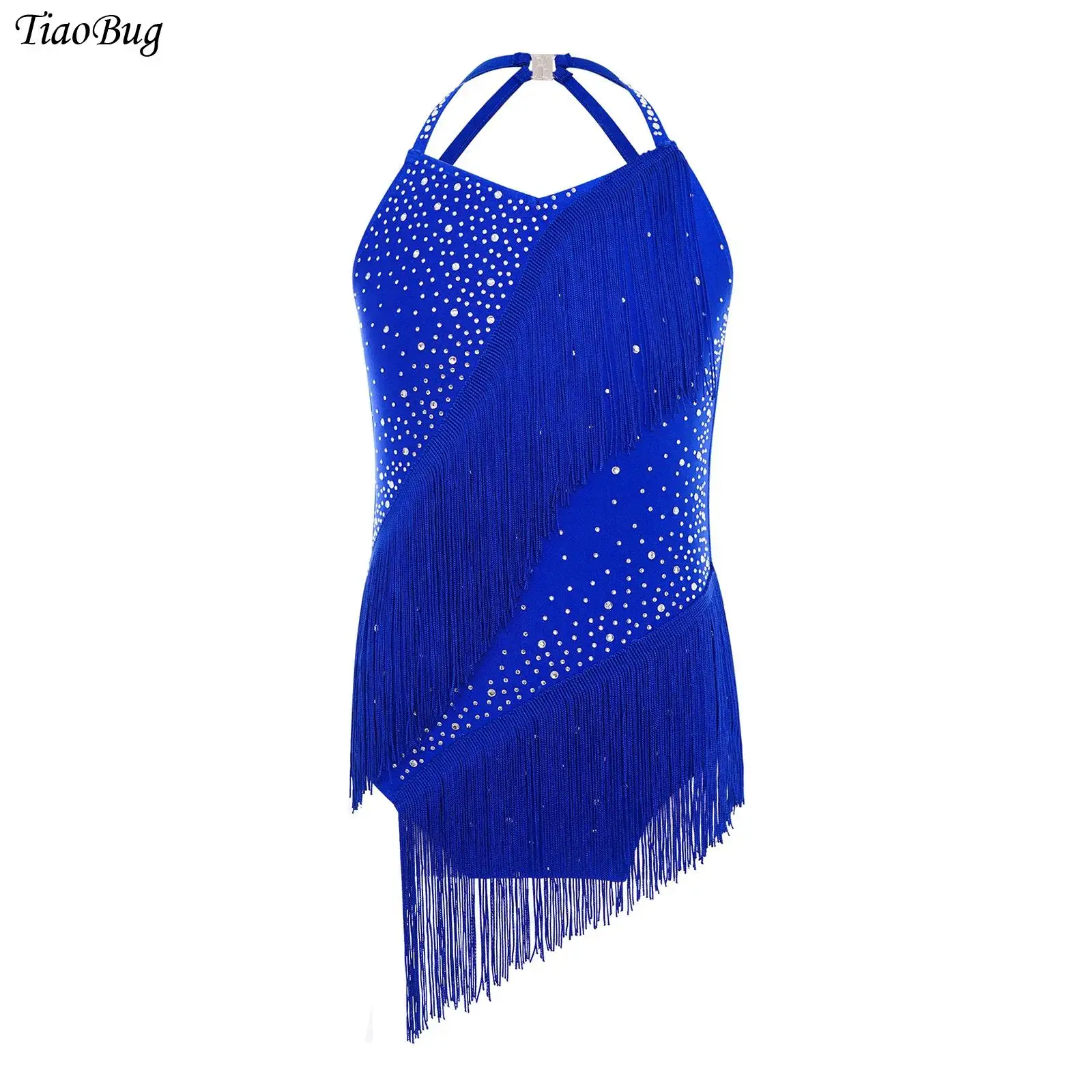 

Kids Girls Tassels Latin Dance Leotard Sleeveless Halter Rhinestones Ballet Gymnastics Figure Skating Cha-Cha Salsa Bodysuits