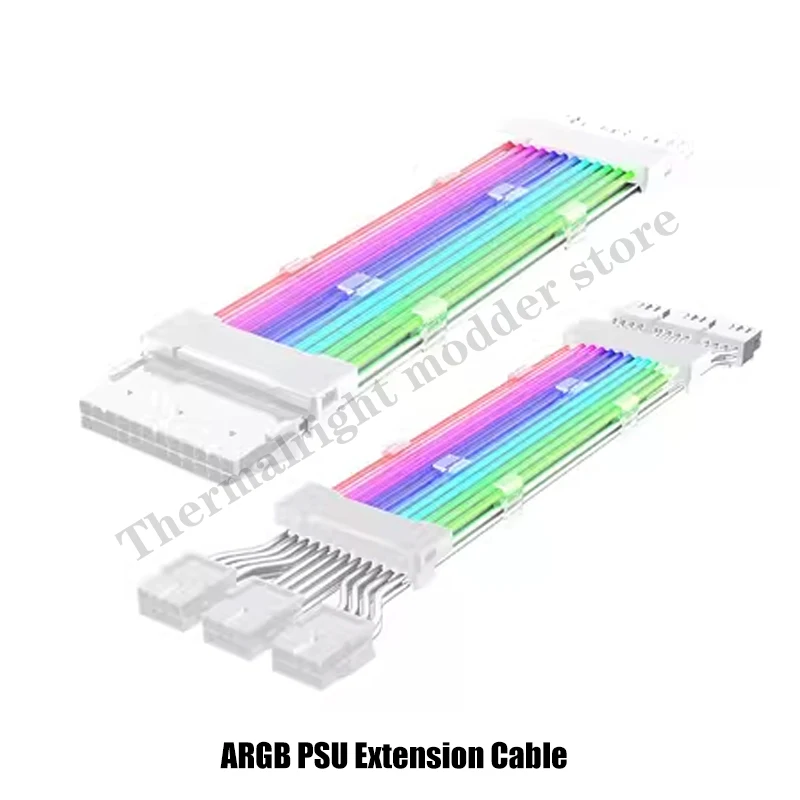 كابل تمديد PSU لتزيين وحدة معالجة الرسومات RGB ، ATX 24Pin وحدة معالجة الرسومات 8Pin ثلاثي غاسل PCI-E 6 + 2P مزدوج سلك قوس قزح مزامنة 5 فولت