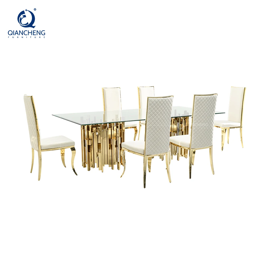 Gold and silver stainless steel metal dinning table and chair set for 4 6 seater luxury malaysia tempered glass top dining table