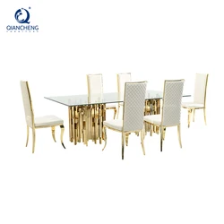 Gold and silver stainless steel metal dinning table and chair set for 4 6 seater luxury malaysia tempered glass top dining table