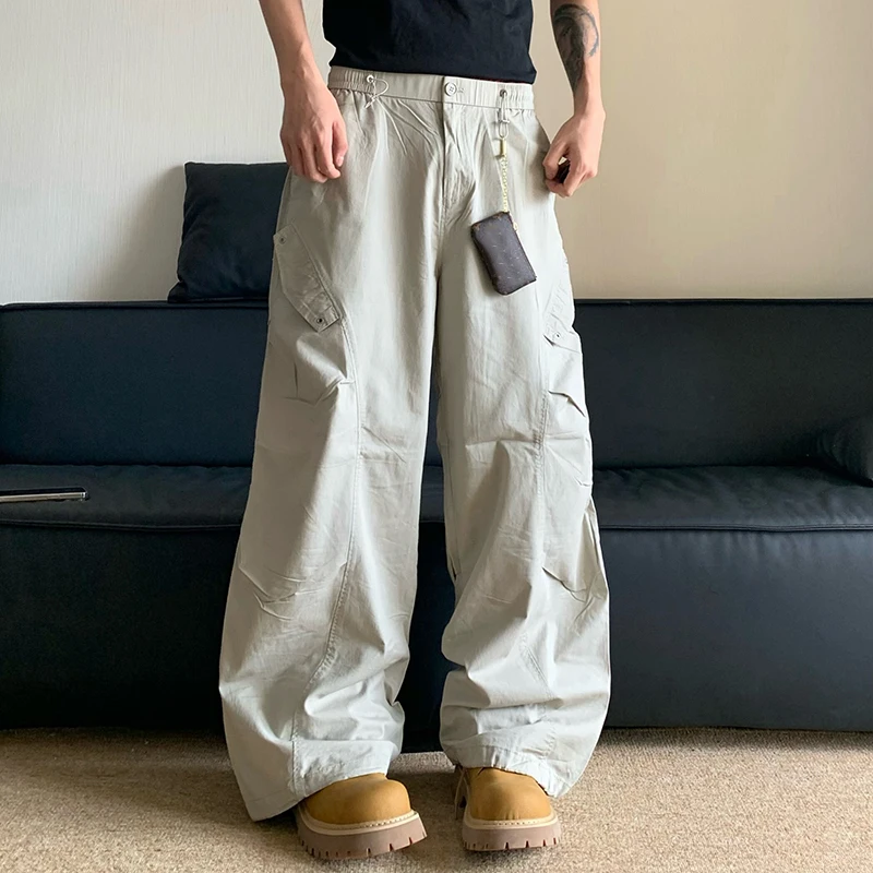 FEWQ American Design Multiple Pockets Work Pants Trendy High Street Niche 2024 Solid Color Wide Leg Male Trousers 24E1566