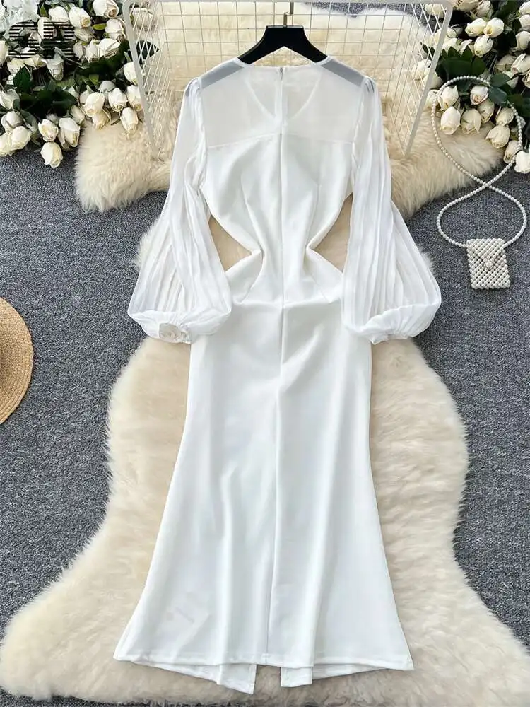 

BabYoung 3D Rose Autumn Lantern Sleeve V Neck Zipper Design Temperament Split Women Fashion Senior Sheer Long Dress
