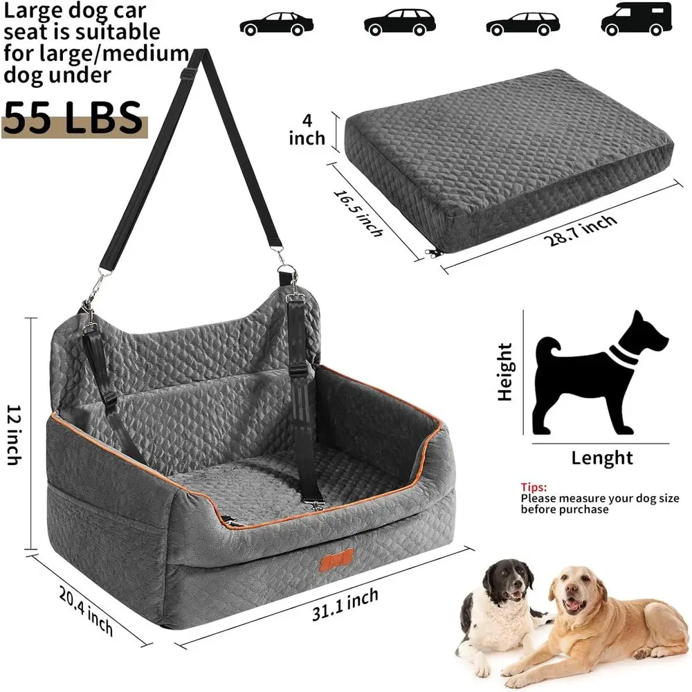 Elevated Dog Car Seat for Medium & Large Dogs up to 55 lbs, Grey | 4-Inch Thick Cushion, Safety Belts, Storage Pockets, Removabl
