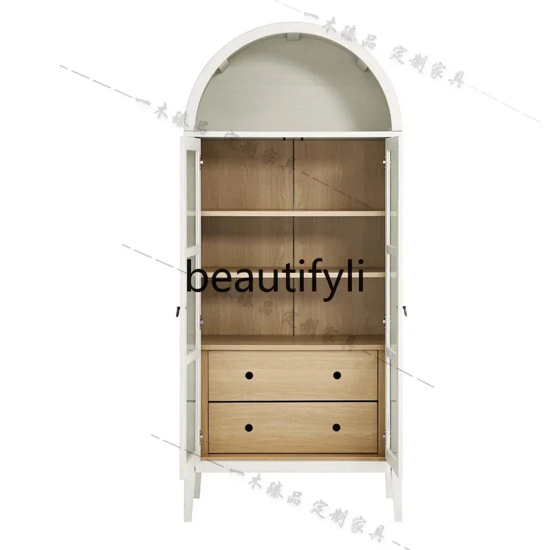 

DD45 American-style Light Luxury Solid Wood Bookcase Living Room with Glass Door Wine Cabinet Vintage Arched Decorative Cabinet
