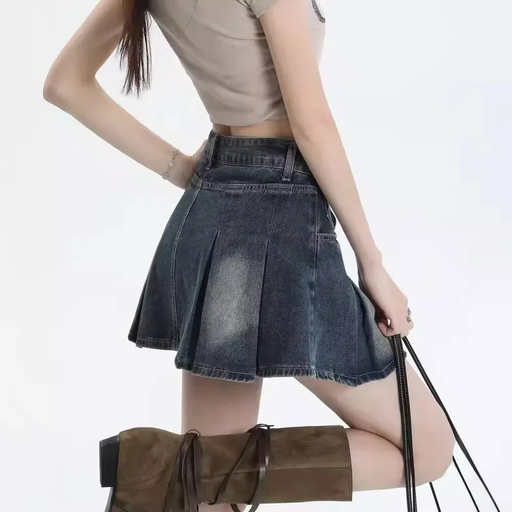 Skirt Denim Women Solid High Waist Skirt Washed Loose Folds Spliced Above Mini Skirt Basics Pleated Distressed Zipper Fly