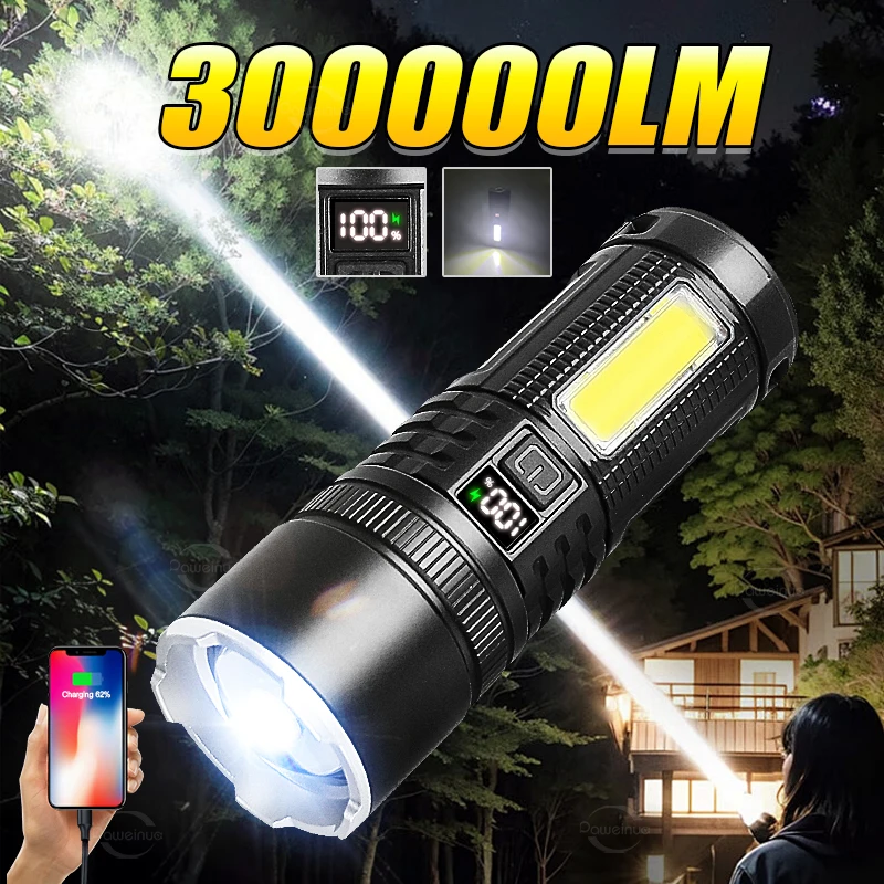 Most Powerful LED Flashlight High Power Rechargeable Tactical Torch Built-in 6800mAh Battery COB Flashlight Camping Hand Lantern