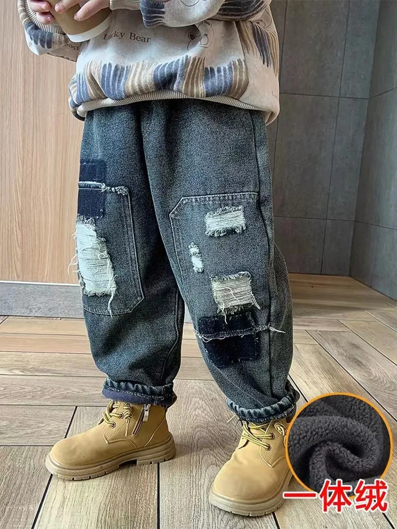 Velvet Winter Warm Pants Jeans for Girls Boys Fall Trousers Outerwear Clothes Teenagers Kids Children warm pants Boy Jeans