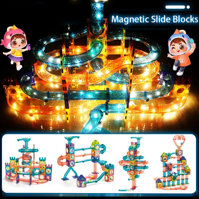 LED Magnetic Blocks Track Building Brick Bead Ball Children Toys Construction Competition Running Pipeline