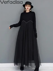 Vefadisa 2024 Autumn Fashion Round Neck Pullover Dress Loose Mid-length Mesh Splicing Sweater Slim Fit Dress Black Women LHX3786