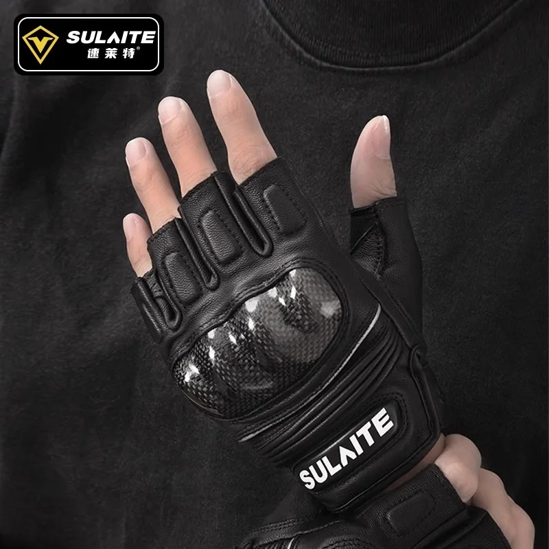 

Men Summer Motorcycle Riding Gloves Half Finger Breathable Goatskin with Carbon Fiber Shell Touchscreen Racing Protection Luvas