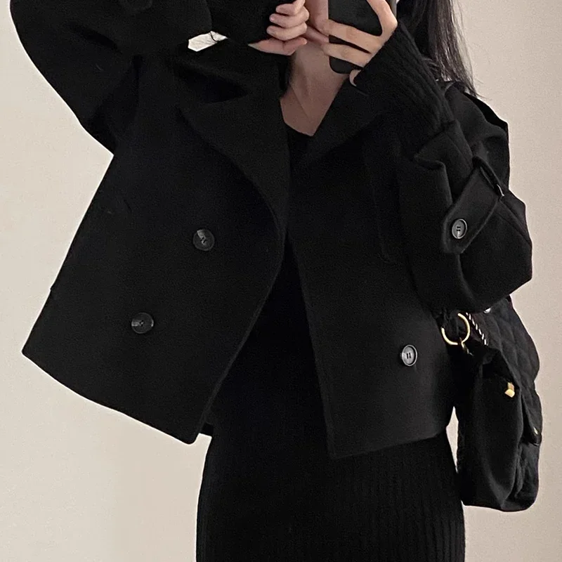 French Style Vintage Turn-down Collar Woolen Jackets Double Breasted Pockets Loose All-match Crop Coats Autumn Winter Chic Top