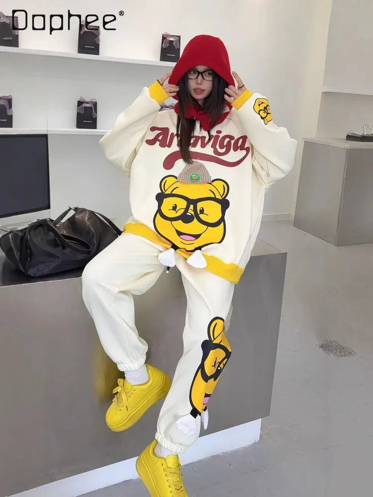

Spring and Autumn New Korean Style Casual Fashion Youthful Cartoon Oversized Sweatshirt and Sweatpants Two-Piece Set for Women