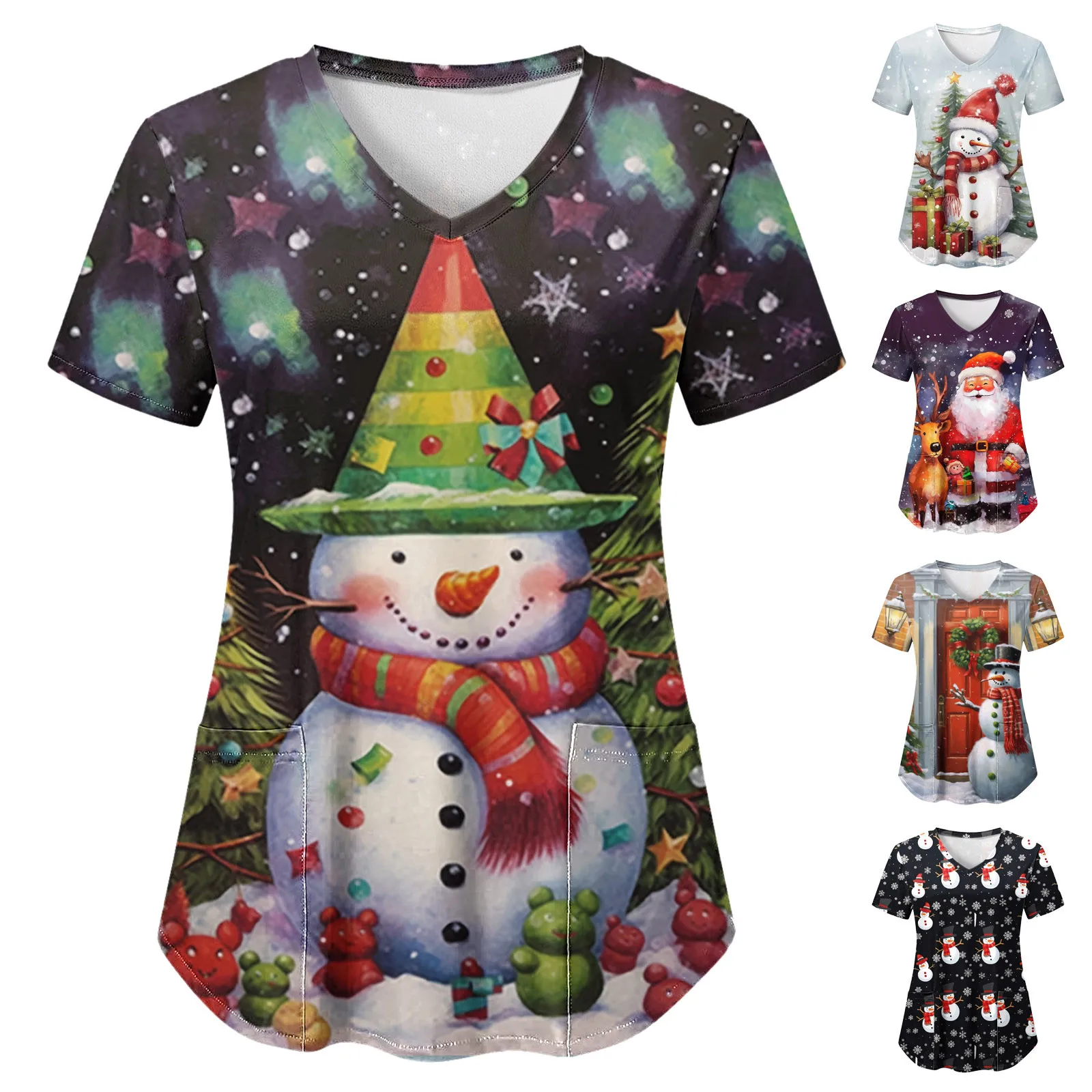 

Women Medical Scrub Uniform Tops Merry Christmas Snowman Print Short Sleeve Workwear V Neck Pockets Tops Working Blouse Shirt