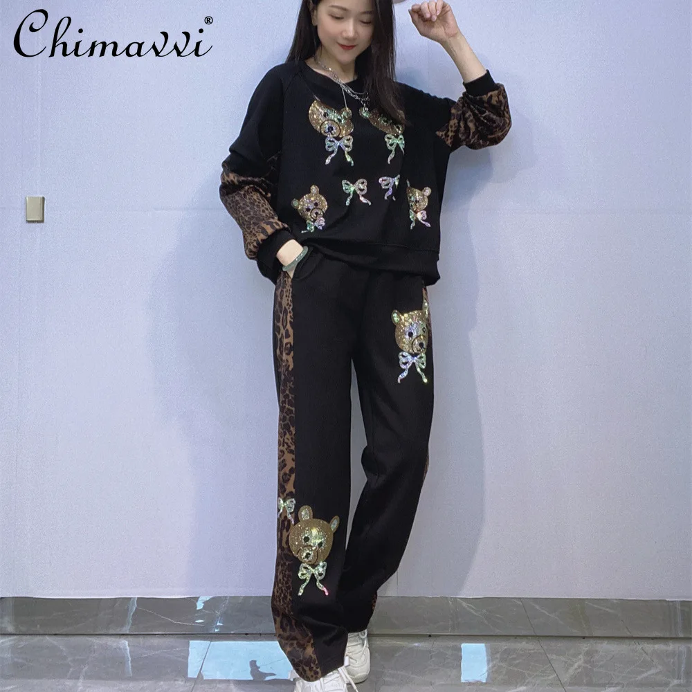

Тяжелый модный свободный повседневный спортивный костюм большого размера, женские осенние новые брюки с леопардовым принтом и длинными рукавами, комплект из двух предметов