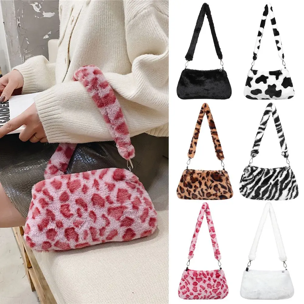 Casual Women's Shoulder Bag Animal Print Leopard Plush Lady Shoulder Underarm Bag Female Messenger Bag Crossbody Bags