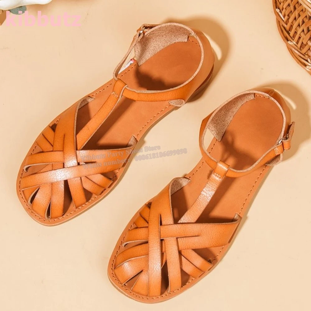 

Mules Gladiator Sandals Cross Strap Round Toe Flat With Solid Color Genuine Leather Fashion Novelty Concise Women Shoes Newest