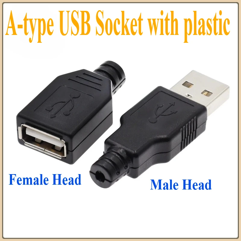 

10pcs Type A Male Female USB 4 Pin Plug Socket Connector With Black Plastic Cover Type-A DIY Kits