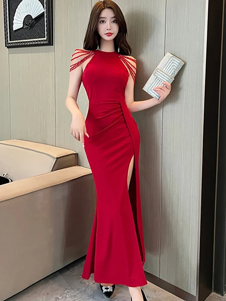 Abito internazionale di lusso rosso elegante estivo Abito lungo con spacco aderente alla moda per le donne da sposa 2024 Abito da festa vintage coreano