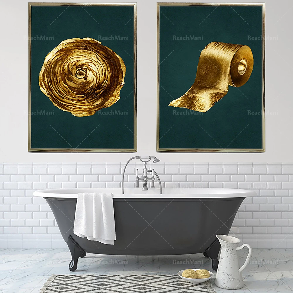 Fashion Luxury Gold Toilet Poster Printed Bar Canvas Painting Bling Toilet Roll Paper Picture Wall Art Modern Bathroom Decor