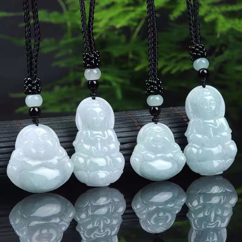 Natural Jadeite Guanyin Laughing Small Buddha Jade Pendant Burmese Raw Stone Hand-Carved