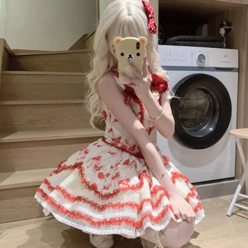 Sukienki Lolita z Kokardą i Kwiatami Y2K Gorset Fairycore Koronka JK Fioletowe Bez Rękawów Vintage Księżniczka Cosplay Strój Dziewczęce Sukienki w Kształcie Litery A Nowe