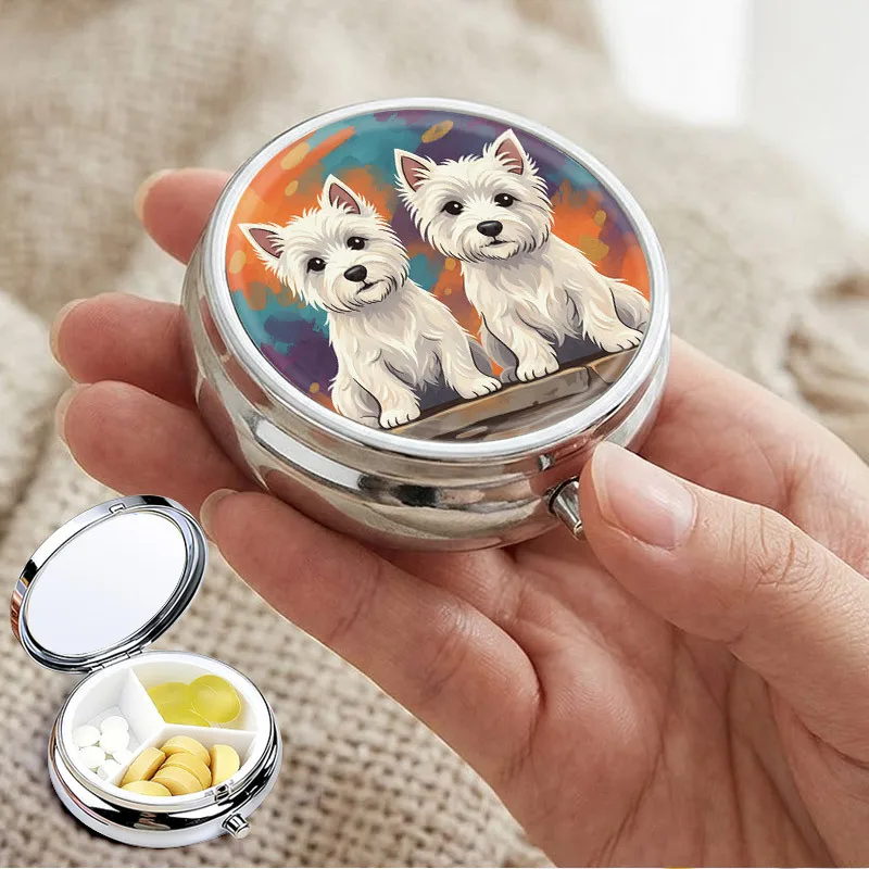 West Highland White Terrier Dog Pill Box Portable Metal Three-Compartment Travel Pill Box Cute West Highland White Terrier Watercolor Design Medicine Storage Box Compact Pocket Vitamin Box Daily Supplement Storage Container Unique Gift for Dog Lovers Pill Divider