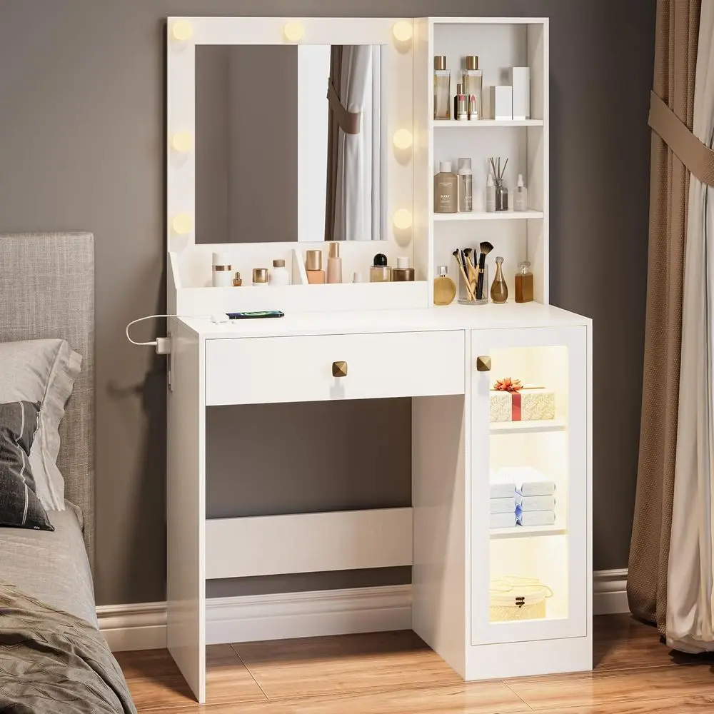 

Wodeer Small Makeup Vanity Desk with Mirror and Lights, Vanity with Glass Cabinet, LED Lights & Power Outlet, Der & RGB Glass Ca