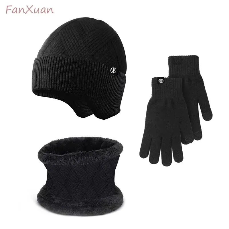 3pcs Set Men Winter Beanies Hat Snood Fleece Lined Knit Wool Beanie Male Neck Warmer Scarves for Man Winter Hat with Ears