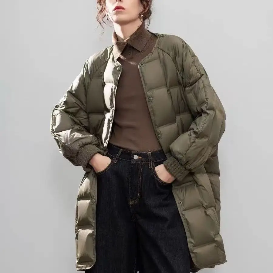 Herfst Winter Halflange Donsjack voor Vrouwen Nieuwe Warme Gewatteerde Witte Eend Donsjack O-hals Puffer Jas Mujer Trendy Zwart