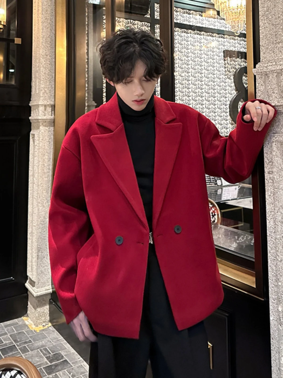 

Ankela Red ort Men's Woolen Coat Winter High-End Sle Faionable Suit Jaet Tailored Youth ular Warmth Protection