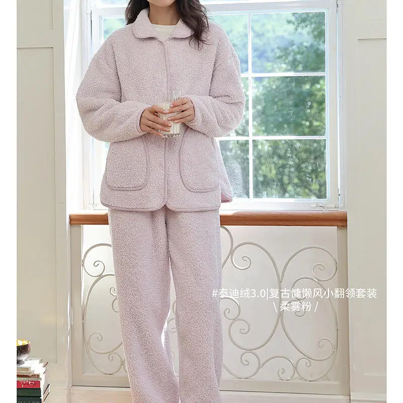 

Тедди, флисовая одежда для сна, домашняя одежда, пижамный комплект для девочек, мягкая удобная теплая уютная верхняя одежда с лацканами в стиле ретро, женский костюм, осень-зима