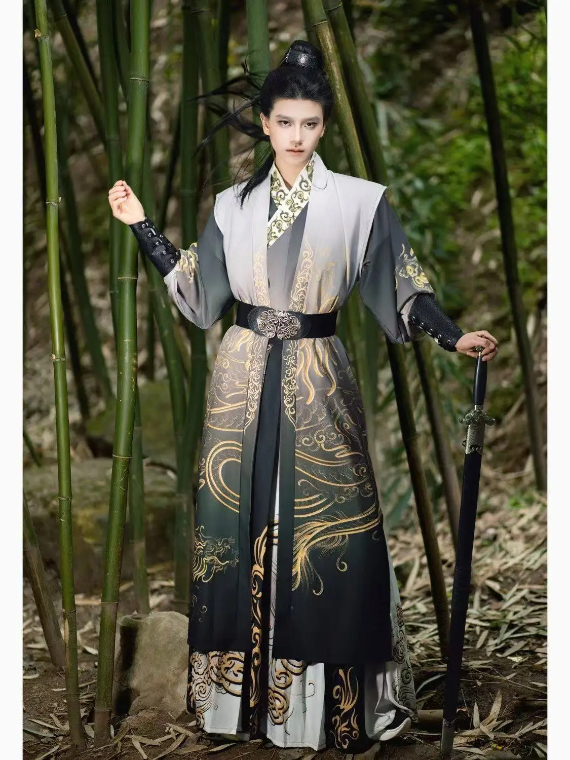 Song Dynasty Dragon Pattern Hanfu Men's Traditional Beizi Skirt Vintage Swordsman Cosplay Suit Fairy Stage Performance Clothing