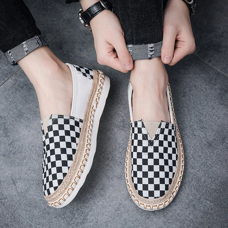 2024 Men Canvas Casual Shoes for Man Spring Summer Fashion Checkered Flat Fisherman Shoes New Design Slip-on Loafers