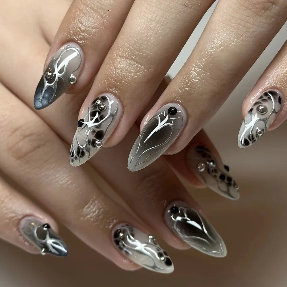

24Pcs Mid-length Black Smudge Press on Nails Y2K Silver Irregular Line Fake Nails Rhinestone Detachable Almond False Nails Tips